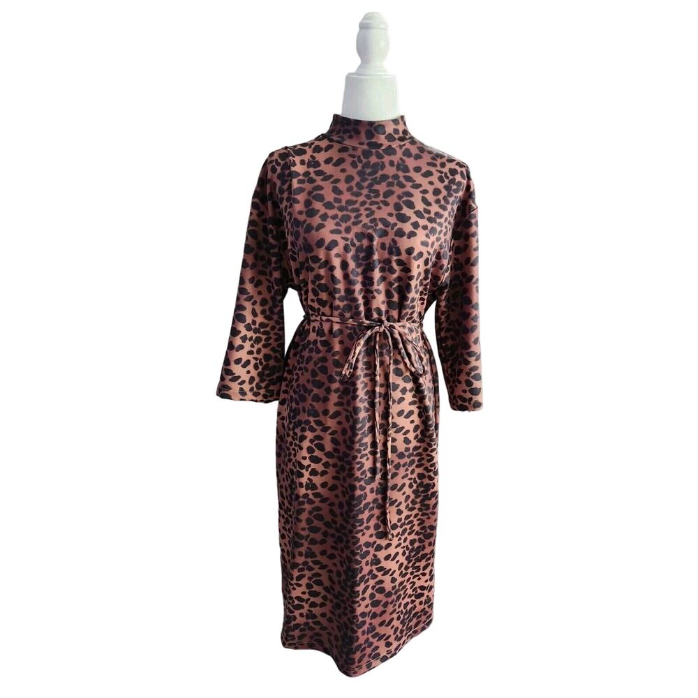 Zara Womens Animal Leopard Print Mock Neck Midi Dress Size Small